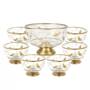 مجموعه 7 عددی انارخوری شیشه‌ای مدل DG400 با پایه فلزی، شامل کاسه بزرگ 16cm و کاسه‌های کوچک 9cm، مناسب استفاده غیرماشین ظرفشویی