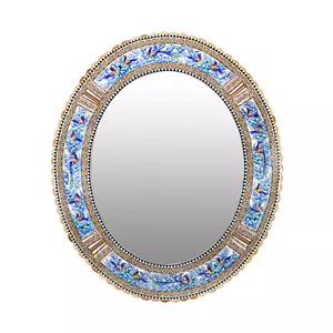 آینه خاتم کاری چوبی صنایع دستی فاخر مدل الیپس طرح گل و مرغ برجسته کد 68p58-3f4Bl 