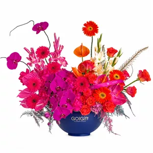جعبه گل گلایل، ژربرا، رز، ارکیده، آنتوریوم طبیعی گل گیفت مدل گلدان گل نیوی کد 1575