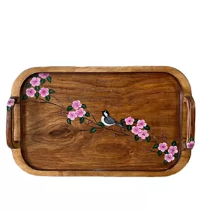 سینی چوبی مدل چوب و نقاشی گل و مرغ کد ۰۲