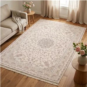 فرش ماشینی 1500 شانه زمینه کرم حاشیه شکلاتی مدل خاطره کویر کاشان ارغوان