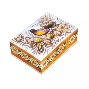 جا سکه ای خاتم کاری چوبی صنایع دستی فاخر مدل کشویی لبه گرد مینیاتور طرح گل و مرغ برجسته Br7p5 