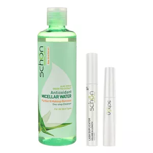 خط چشم ماژیکی شون مدل فیبولس رنگ مشکی به همراه ریمل حجم دهنده و بلندکننده شون حجم 11 میلی لیتر و میسلار واتر شون مدل آنتی اکسیدان مناسب برای انواع پوست حجم 300 میلی لیتر