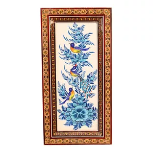 تابلو خاتم کاری چوبی صنایع دستی فاخر مدل سنتی طرح نقاشی گل و مرغ آبی کد 30p15in2510Bl 