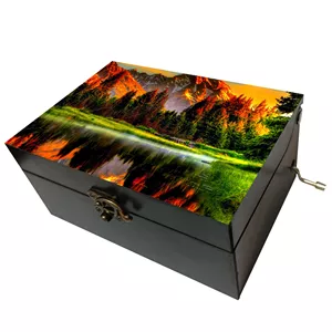 جعبه موزیکال مدل هندلی طرح نقاشی منظره بهار درخت جنگل رودخانه کوه کد T1102
