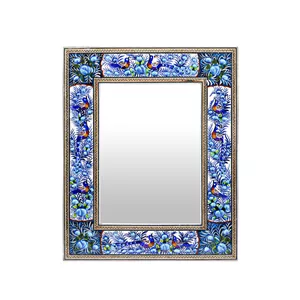 آینه خاتم کاری مدل مینیاتور برجسته طرح گل و مرغ کد 3428Bl 