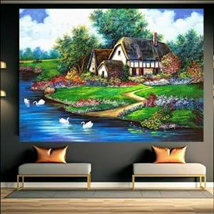 تابلو بوم طرح مخمل رودخانه مدل کلبه روستایی کد BK24179
