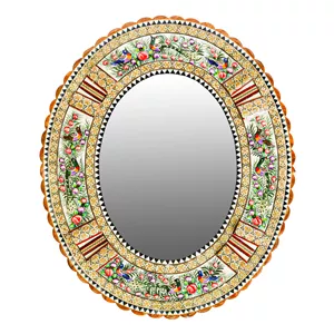 آینه خاتم کاری چوبی صنایع دستی فاخر مدل الیپس طرح گل و مرغ برجسته کد 46p38-1f4gr 