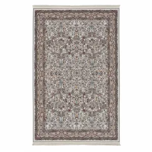 فرش ماشینی 1200 شانه زمینه نقره‌ای حاشیه الوان مدل سنگین بافت نقش برجسته طرح کیمیا