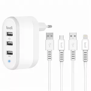 شارژر دیواری 12 وات سه پورت بودی مدل M8J312EM به همراه کابل تبدیل USB-A به Micro-USB و USB-A  به لایتنینگ