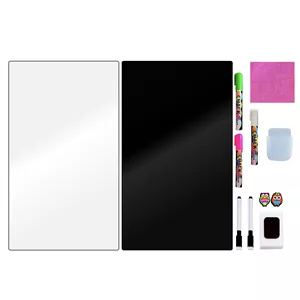 تخته وایت برد مغناطیسی هوم اند فریج مدل 12 سایز 28x14 سانتیمتر به همراه تخته سیاه مغناطیسی، ماژیک, نگهدارنده، استیکر، دستمال و تخته پاک کن مجموعه 12 عددی