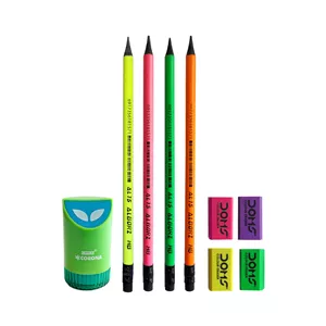 تراش کرونا طرح فضایی به همراه مداد سیاه و پاک کن بسته 9 عددی