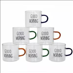 فنجان مدل شات قهوه پیرکس دسته رنگی طرح GOOD MORNING