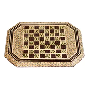 صفحه شطرنج خاتم کاری چوبی صنایع دستی فاخر مدل ممتاز مطول طرح خورشیدی کد HQGold4030