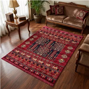 فرش ماشینی 700 شانه فرش بزرگمهر زمینه لاکی حاشیه لاکی طرح بلوچی کد 78119