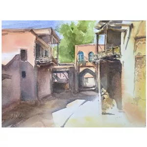 نقاشی آبرنگ به سبک رئالیسم مدل کوچه قدیمی