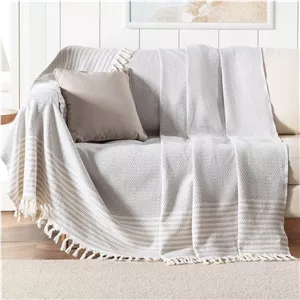 شال مبل و تخت مدل پنبه ترک طرح منگوله دار سایز 230x170 سانتی‌متر