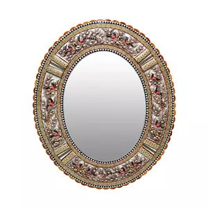 آینه خاتم کاری چوبی صنایع دستی فاخر مدل الیپس طرح گل و مرغ برجسته کد 58p49-2f4Br  