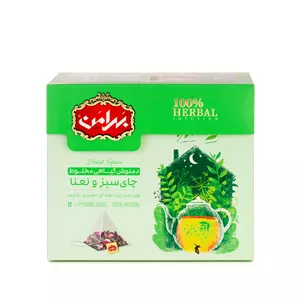 دمنوش چای سبز و نعناع کیسه هرمی بهرامن بسته 12 عددی