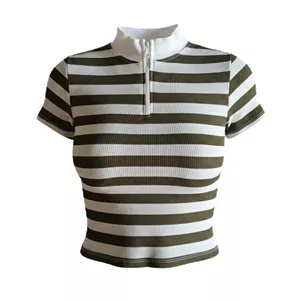 کراپ بلوز آستین کوتاه یقه برگردان زنانه مدل نیم زیپ Dishmuk