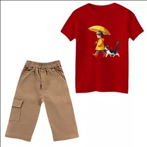 ست تی‌شرت و شلوارک دخترانه مدل دخترک و گربه کد 2