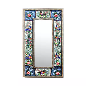 آینه خاتم کاری مدل مینیاتور برجسته طرح گل و مرغ کد 3520GrBl 