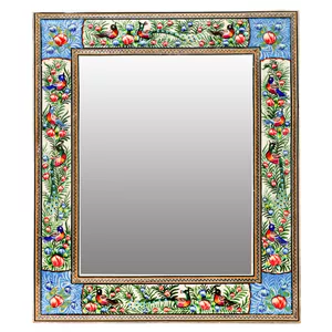 آینه خاتم کاری چوبی صنایع دستی فاخر مدل مینیاتوری طرح گل و مرغ برجسته کد GrBl40p31in3021 