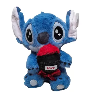 عروسک پولیشی مدل استیچ با دسته گل جا حلقه ای ارتفاع 20 سانتی متر