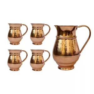 ست چهار نفره پارچ و لیوان مسی مدل ترک دسته دار کد ZH427  مجموعه پنج عددی