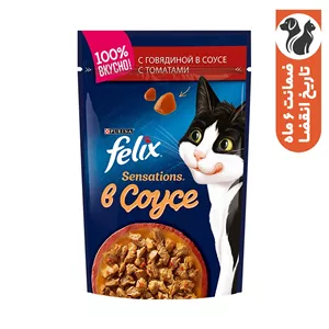 پوچ گربه فلیکس مدل طعم گوشت گوساله با گوجه وزن 85 گرم