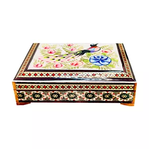 جا کارتی خاتم کاری چوبی صنایع دستی فاخر مدل درب دار طرح نقاشی برجسته گل و مرغ کد 11p8