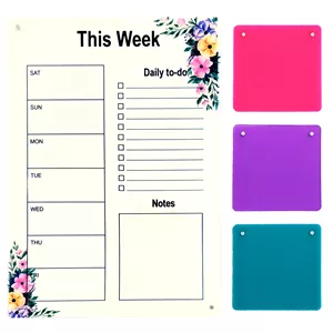 تخته وایت برد مدل پلنر هفتگی طرح گل دار سایز 20*30 سانتی متر به همراه استیکر مجموعه 4 عددی