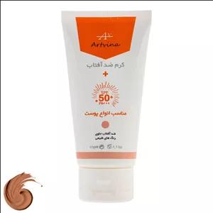 کرم ضد آفتاب رنگی آرت وینا، SPF 50 مدل آلوئه‌ورا مناسب انواع پوست، تنالیته رنگ متوسط، حجم 50 میلی‌لیتر، حاوی محافظ UVA ،UVB و PA، ضد پیری، دارای فرمولاسیون شیمیایی، با ماندگاری 4 ساعته