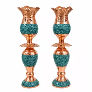 شمعدان لاله فیروزه کوبی مسی آقاجانی کد F047 مجموعه 2 عددی