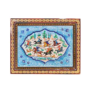 تابلو میناکاری مسی صنایع دستی فاخر مدل تک گل سنتی طرح شکار کد MQTrad29p23in2418-3f6 