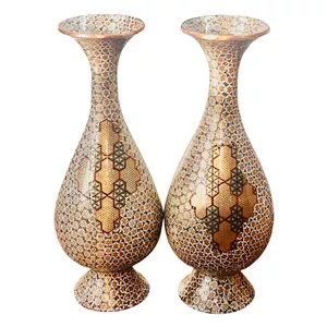 گلدان خاتم کاری مسی صنایع دستی فاخر مدل صراحی طرح پرسیم کد HQLight-Vase25p10 بسته 2 عددی 