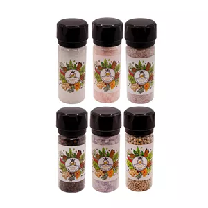 نمک صورتی هیمالیا و دلنمک و صورتی کریستال و نمک آبی و فلفل سیاه و فلفل سفید بسته 6 عددی