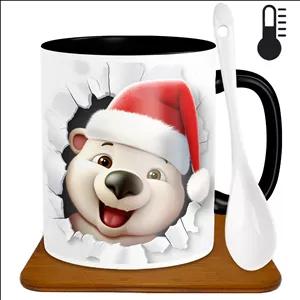 ماگ حرارتی طرح خرس کریسمس مدل H1023 به همراه زیر لیوانی و قاشق