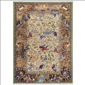 فرش ماشینی 1500 شانه محتشم زمینه سبز حاشیه خاکستری مدل شکارگاه