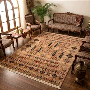 فرش ماشینی 700 شانه فرش بزرگمهر زمینه گندمی حاشیه گندمی طرح بلوچی کد 78119