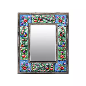 آینه خاتم کاری مدل مینیاتور برجسته طرح گل و مرغ کد 2824GrBl 