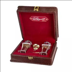 زعفران کادویی سوقات - 1 مثقال  به همراه مجموعه 3 عددی هاون زرین دو ظرف شمس