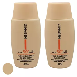 کرم ضد آفتاب رنگی ژیناژن SPF 50 مدل 02 محافظت‌کننده در برابر اشعه‌های UVA و UVB مناسب پوست‌های خشک و نرمال مجموعه حجم 50 میلی لیتر مجموعه دو عددی