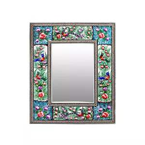 آینه خاتم کاری مدل مینیاتور برجسته طرح گل و مرغ کد 2824GrBl 