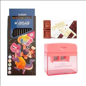 مداد رنگی 12 رنگ کسری مدل شکلات 12 به همراه تراش مخزن دار و پاک کن مجموعه 14 عددی