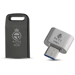 فلش مموری 64 گیگابایت کوئین تک مدل UNIQUE C-PLUS با بدنه فلزی و مبدل USB-C OTG