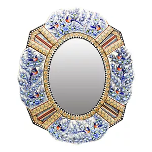 آینه خاتم کاری چوبی صنایع دستی فاخر مدل الیپتیک طرح گل و مرغ برجسته کد Bl51p44 