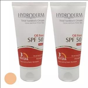 کرم ضد آفتاب رنگی هیدرودرم SPF 50 مدل Medium Beige، حاوی محافظ UVA ،UVB، ضدآب، فاقد چربی، حاوی عصاره جوجوبا، حجم 50 میلی‌لیتر مجموعه دو عددی