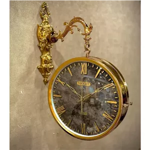 ساعت دیواری دو طرفه ویولت T2350، ساعت دو طرفه فلزی بسیار بی‌نظیر با آبکاری فورتیک، صفحه کاغذ دیواری با اعداد برجسته مولتی، موتور درجه یک روانگرد، رنگ طلایی مشکی