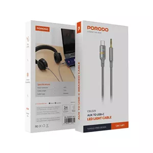 کابل AUX به USB-C با چراغ LED PORODO (۱.۲ متر) Gray